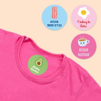 15 round iron-on name labels for clothing